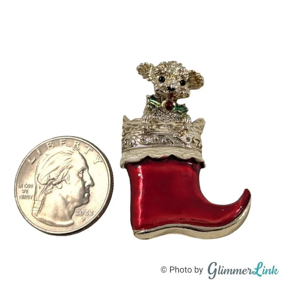 Vintage Gerry's Puppy Dog Christmas Stocking Light Gold Tone Brooch Pin